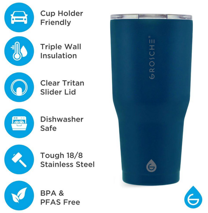 Grosche YUKON 30oz Stainless Steel Tumbler Mountain Blue triple-wall insulation, tough 18/8 stainless steel cup