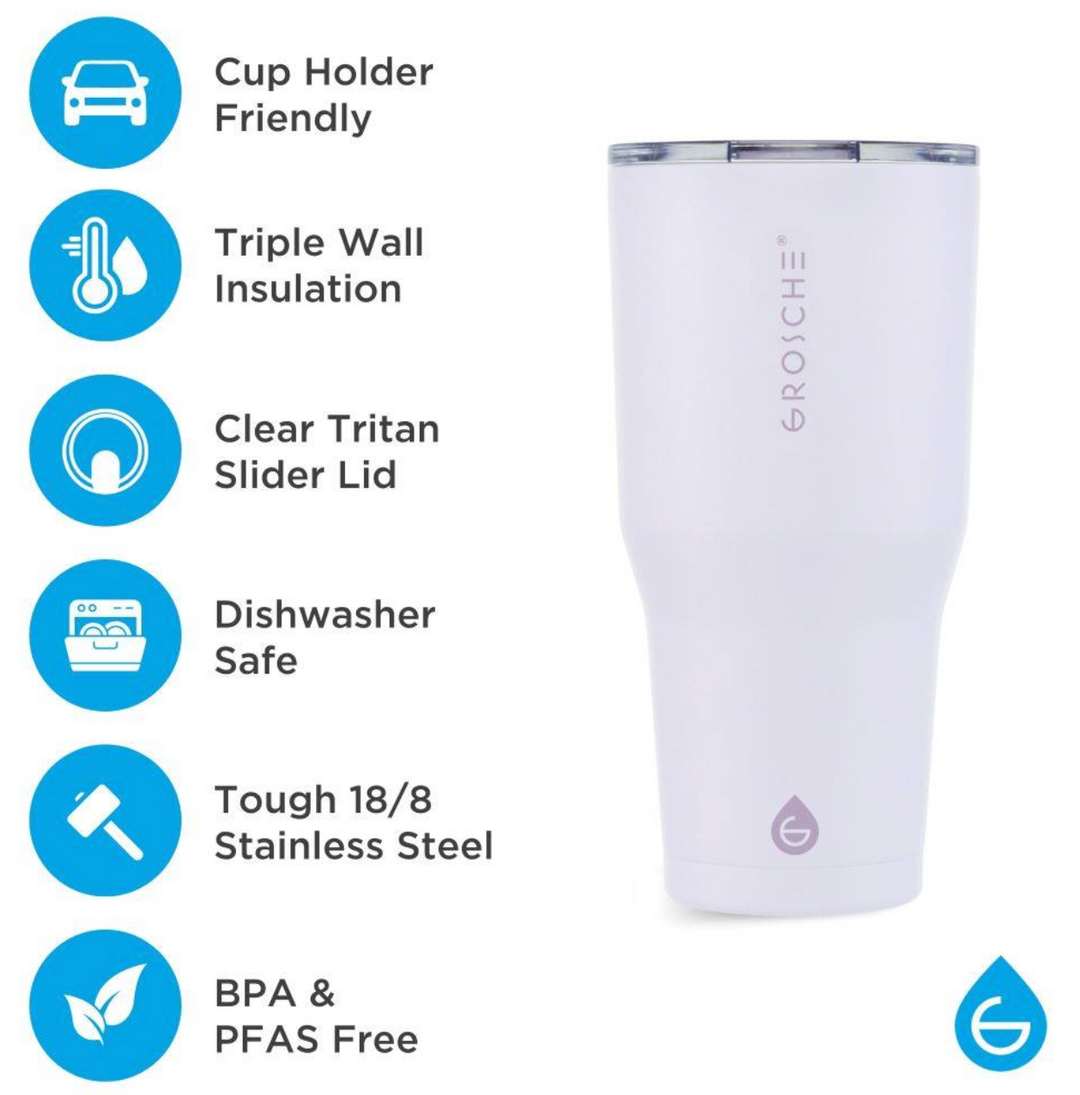 Grosche YUKON 30oz Stainless Steel Tumbler Lavender triple-wall insulation, tough 18/8 stainless steel cup 