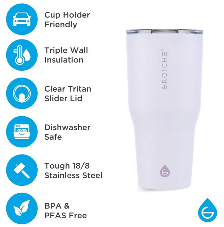 Grosche YUKON 30oz Stainless Steel Tumbler Lavender triple-wall insulation, tough 18/8 stainless steel cup 