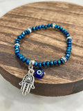 Metallic Blue Hamsa Evil Eye Beaded Bracelet-1