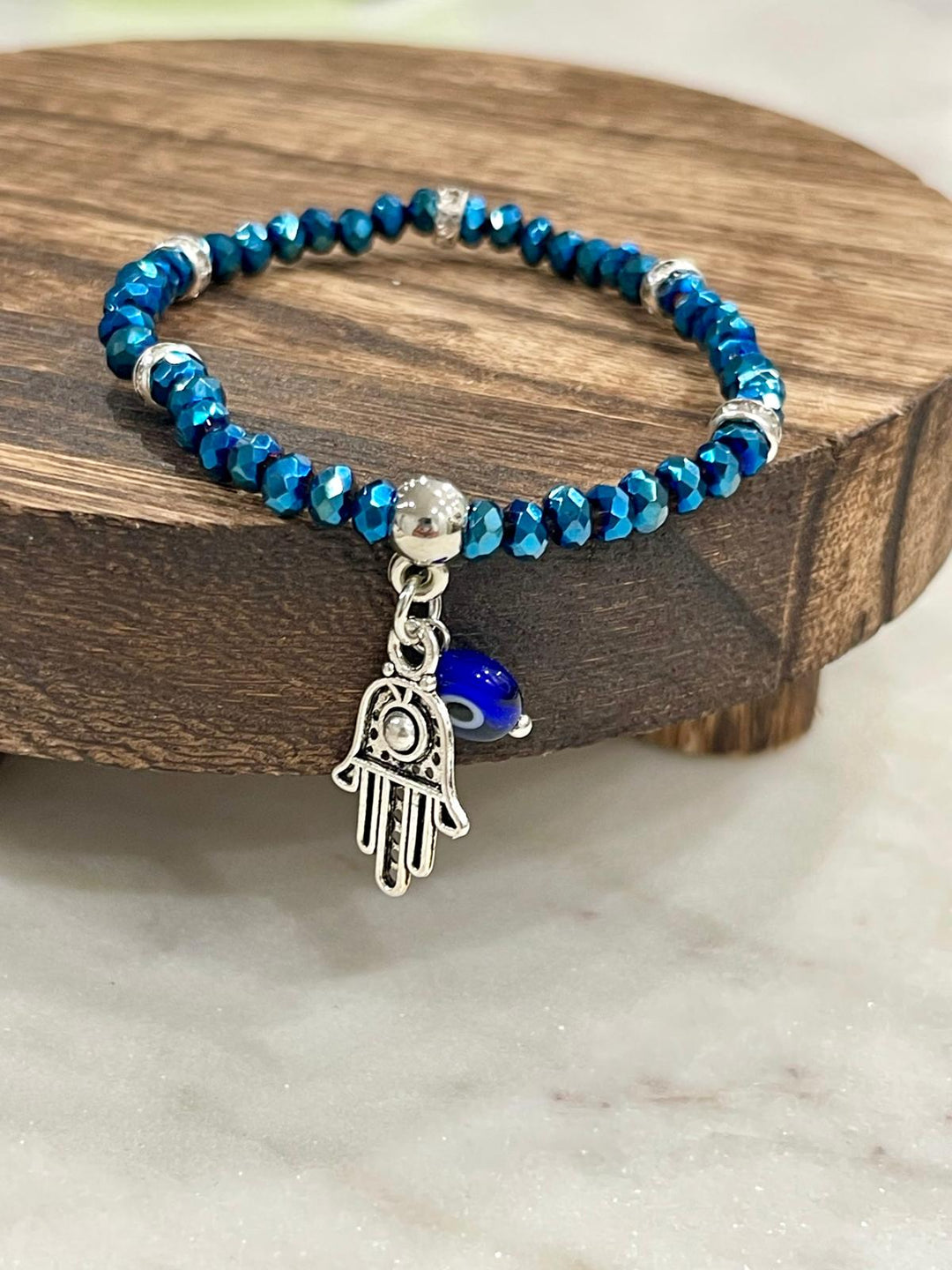 Metallic Blue Hamsa Evil Eye Beaded Bracelet-0