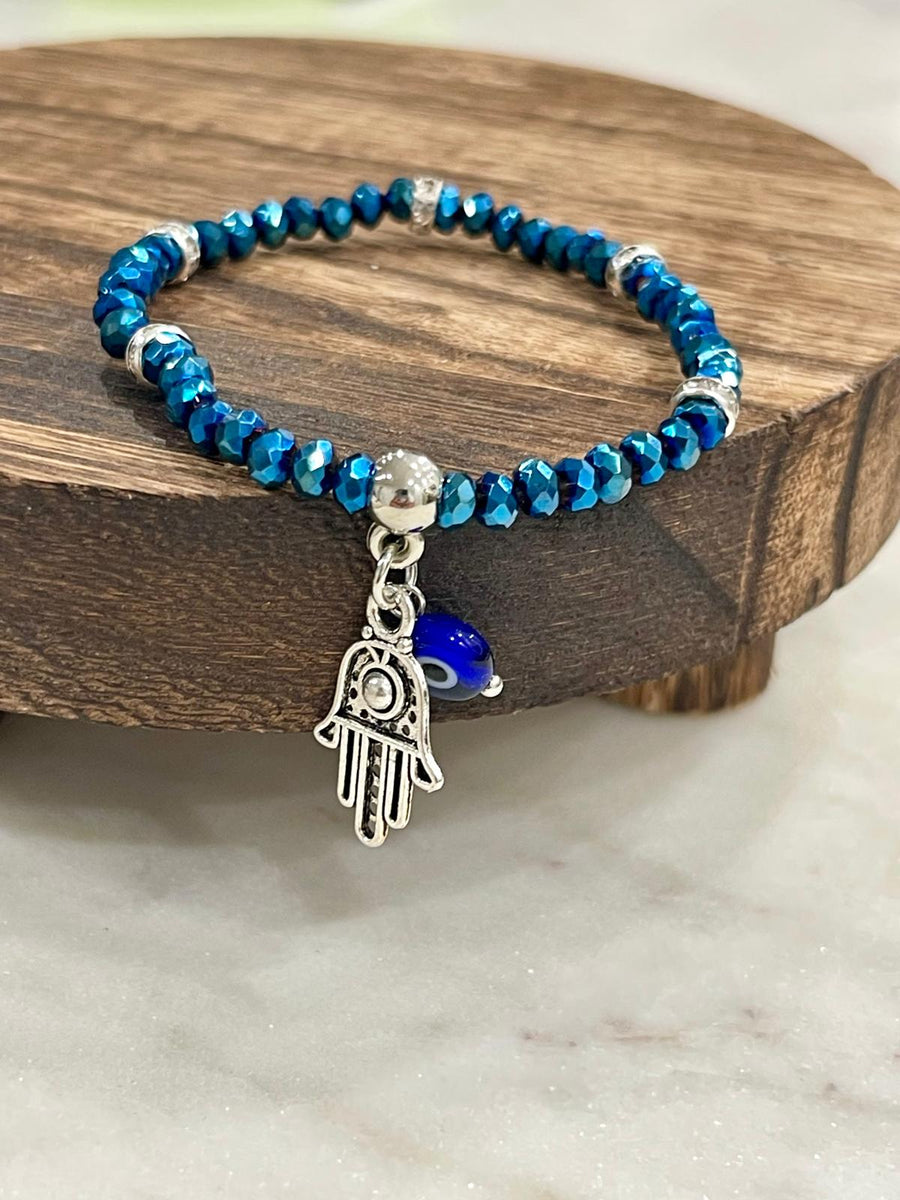 Metallic Blue Hamsa Evil Eye Beaded Bracelet-0