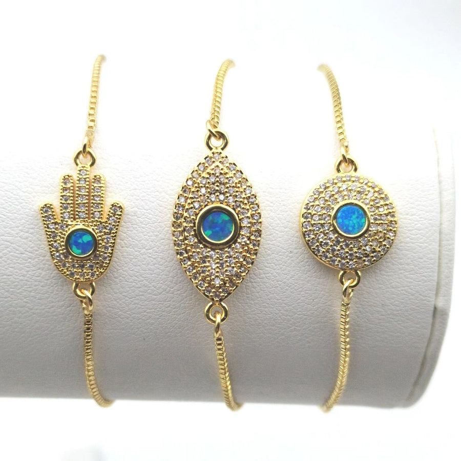Hamsa, Evil Eye, and Circular Opal Charm Bracelets-0
