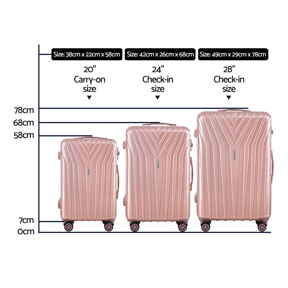 Wanderlite 3 Set Luggage 20-24-28 Inch Suitcase with TSA Lock Carry On Hard Shell Travel Luggage Organiser Case Pink