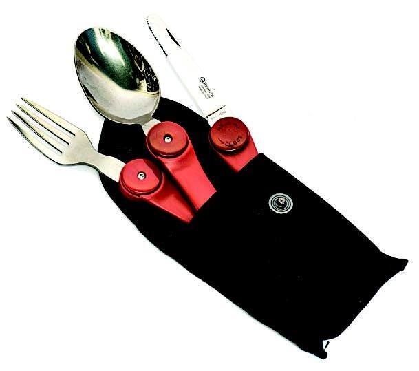 Maserin Picnic set, folding fork, spoon, serrated knife, red handles in nylon pouch