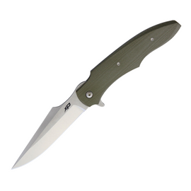 Patriot Bladewerx Lincoln Linerlock OD, a Pocket Knife with a 4 inch stonewash and satin finish S35VN stainless steel harpoon blade and OD green G10 handle
