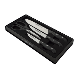 Arcos Maitre 4 Piece Kitchen Knife Set featuring high-performance, NITRUM stainless steel blades and polypropylene handles for a lightweight and comfortable grip. Ideal for everyday use in the kitchen.