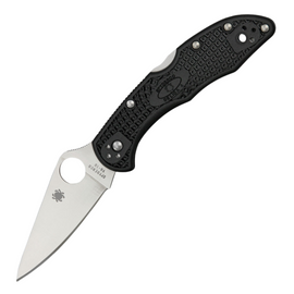 Spyderco Delica Lockback Flat Ground Pocket Knife. This everyday carry features a 3-inch VG-10 stainless steel blade, black textured FRN handle, thumb pull, pocket clip, and lanyard hole.