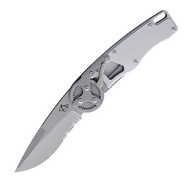 Gray bead blast finish handle MANTIS GEARHEAD pocket knife with partially serrated blade