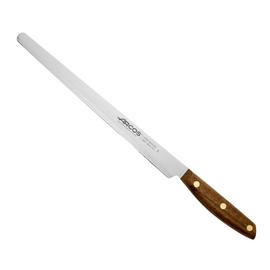 Arcos Nordika 250mm Slicing Knife. This long, flexible NITRUM stainless steel blade lets you make thin, smooth slices of meat, fish, or delicate ingredients. The comfortable FSC wood handle ensures easy control.