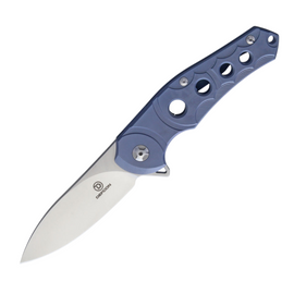 Blue titanium handle DEFCON framelock pocket knife with satin finish blade