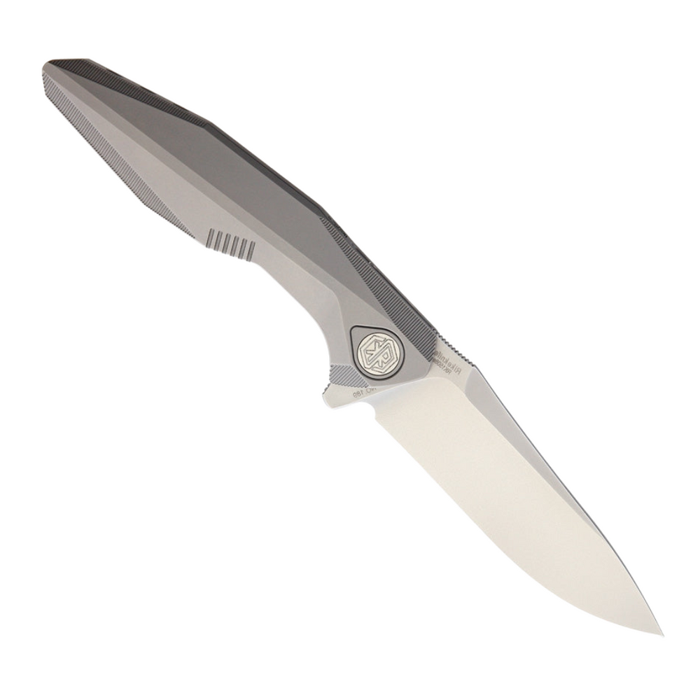 Rike Knife Framelock M390 Blade, a Compact Pocket Knife with a 3.25" Satin Finish Bohler M390 Stainless Steel Drop Point Blade and Gray Titanium Handle.