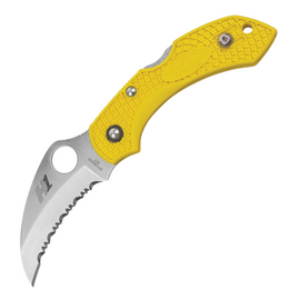 Yellow handle Spyderco Dragonfly 2 Salt lockback pocket knife with serrated blade