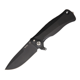 LionSteel SR11 Framelock Pocket Knife with a 3.5-inch black oxide coated Sleipner tool steel drop point blade and black textured aluminum handle.