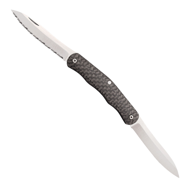 Cold Steel Lucky Pen Knife, a double-bladed Pocket Knife with satin finish CPM S35VN stainless steel blades (standard and serrated) and black carbon fiber handle. Includes pocket clip, slip joint mechanism, and velvet pouch.