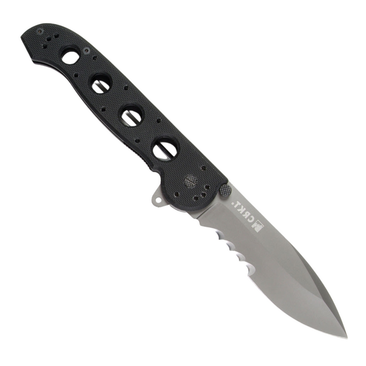 CRKT M21 G-10 Linerlock pocket knife with a 3.88 inch Veff serrated TiNi-coated 8Cr14MoV stainless steel spear point blade and black G10 handle