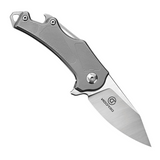 Defcon Rhino Framelock pocket knife with a 2.5 inch satin finish Bohler M390 stainless steel blade and gray titanium handle