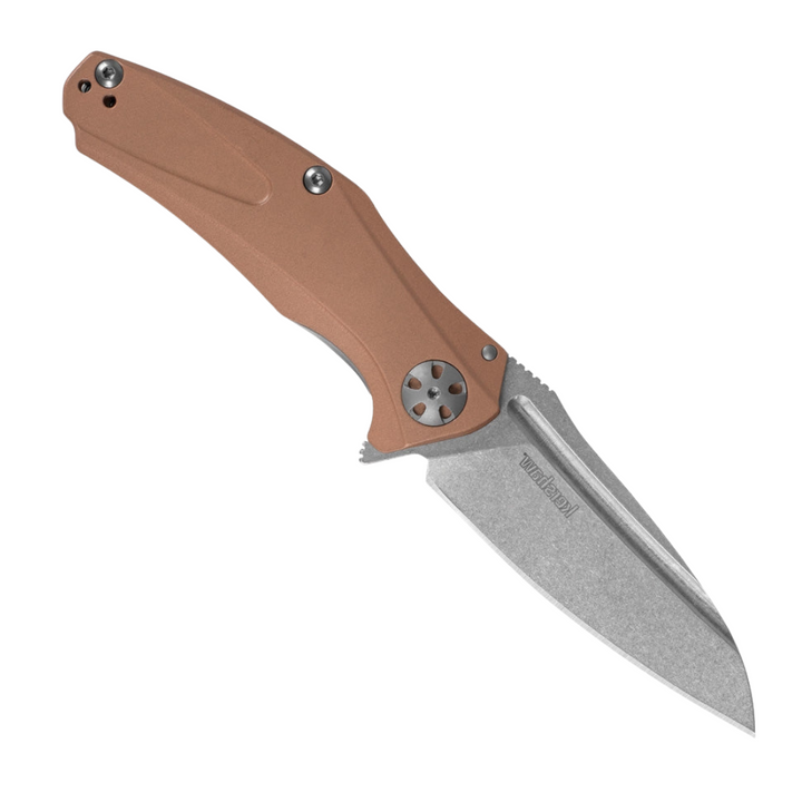 KERSHAW NATRIX COPPER SUB FRAMELOCK, a Pocket Knife with a 2.75 inch stonewash finish D2 tool steel blade and a distinctive copper handle with an extended tang. Equipped with a pocket clip for carrying and KVT ball-bearing for smooth opening.