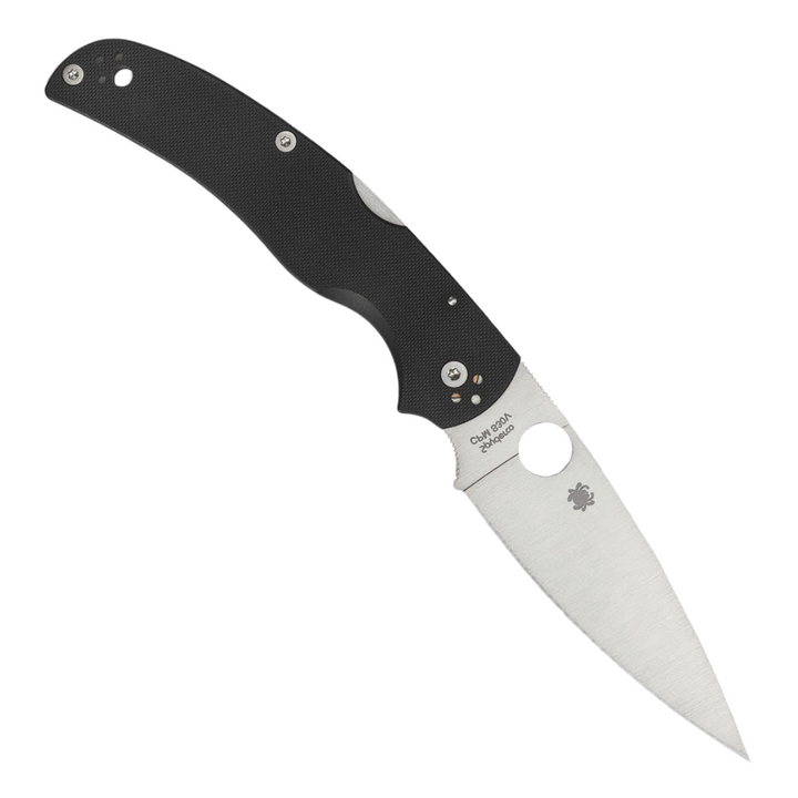 Spyderco Native Chief Lockback Pocket Knife. This image features a Spyderco Native Chief lockback pocket knife with a 4-inch satin finish CPM-S30V stainless steel blade and a black G10 handle. The knife also includes a thumb pull, pocket clip, and lanyard hole.