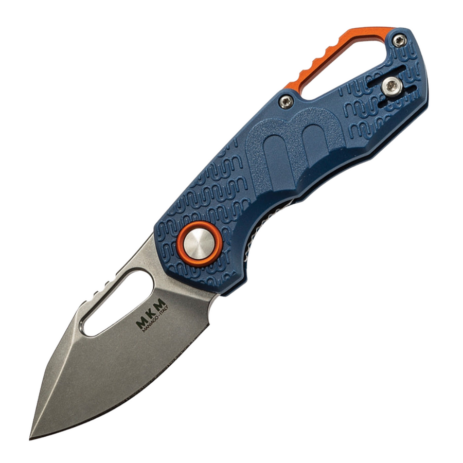 MKM-Maniago Knife Makers Isonzo Linerlock Pocket Knife. Designed by Jesper Voxnaes and made by Fox. Features a 2.25-inch stonewash Bohler N690 stainless steel blade and blue FRN handle.