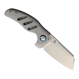Kizer Cutlery C01C Mini Framelock Pocket Knife. Compact for everyday carry. Features a 2.5-inch stonewash finish CPM-S35VN stainless steel blade and a gray titanium handle. Includes a pocket clip and black nylon pouch.
