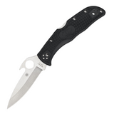 Spyderco Endela Lockback Pocket Knife with a 3.5-inch satin finish VG-10 stainless steel blade, black FRN handle with bi-directional texture, and Emerson opener.