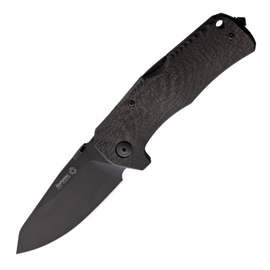 LionSTEEL TM1 Lockback CF, a Heavy-Duty Pocket Knife with a 3.5-inch black Mil-Spec coated Sleipner tool steel blade and carbon fiber handle.