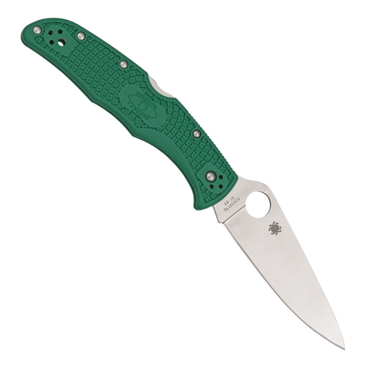 Green Spyderco Endura 4 Pocket Knife with a 3.75-inch VG-10 stainless steel blade, textured FRN handle, thumb opener, and a pocket clip for convenient carry.