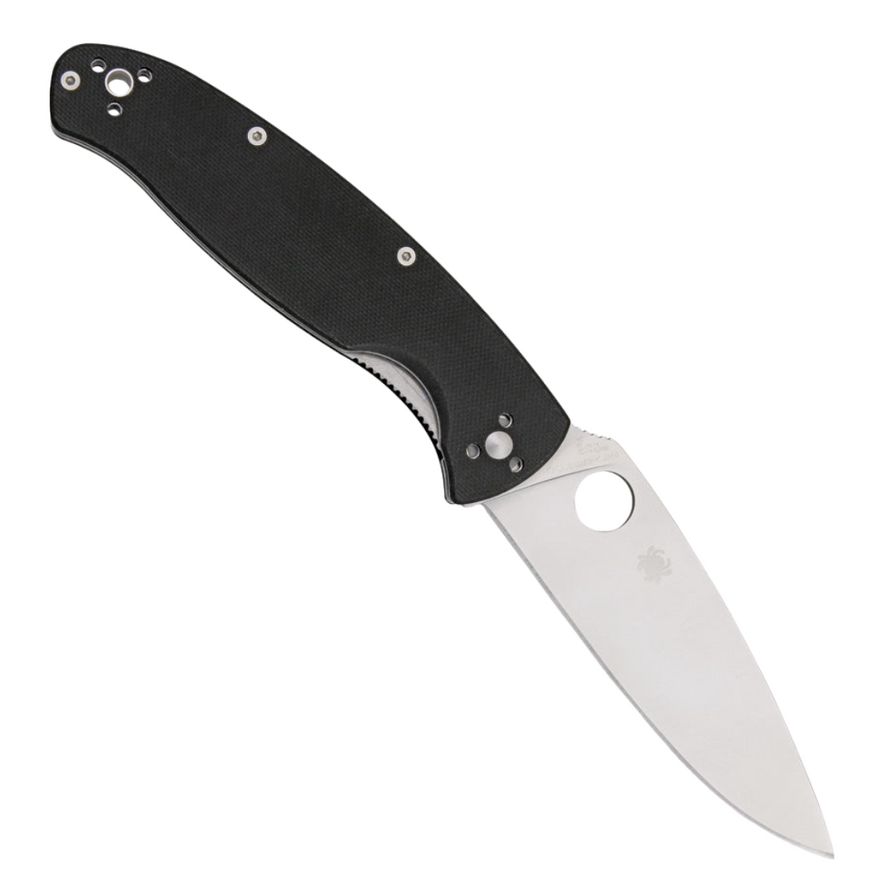 Large black handle SPYDERCO RESILIENCE pocket knife with plain blade