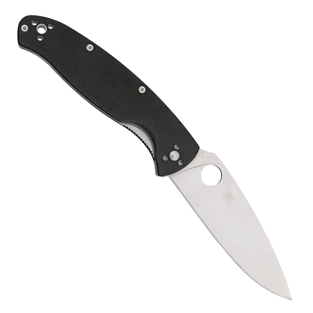 Large black handle SPYDERCO RESILIENCE pocket knife with plain blade
