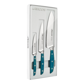 Arcos Brooklyn 3 Piece Kitchen Knife Set featuring a Paring Knife (4 inch), Chef's Knife (6 inch), and Rocking Santoku Knife (7 inch) with Nitrum stainless steel blades for increased cutting power, durability, and a unique silk edge.