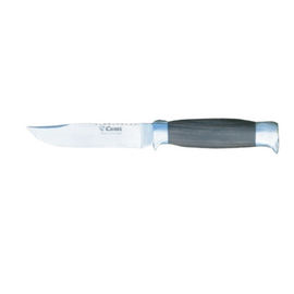 Curel fixed blade hunting knife with a 12.5cm stainless steel blade, dark wood handle for comfort, and a dark brown leather sheath.