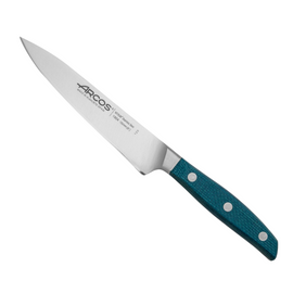 Arcos Brooklyn Chef's Knife 150mm. This compact chef's knife features a sharp "silk edge" for precise chopping, slicing, and dicing, with a comfortable blue toned handle for easy maneuverability.