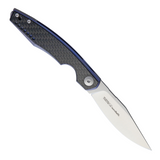 Viper Belone Linerlock CF Blue, a Pocket Knife with a 3.25 inch satin finish Bohler M390 stainless steel blade and a blue anodized titanium handle with carbon fiber onlay. Features an extended tang for improved grip, lanyard hole, and pocket clip for convenient carry.