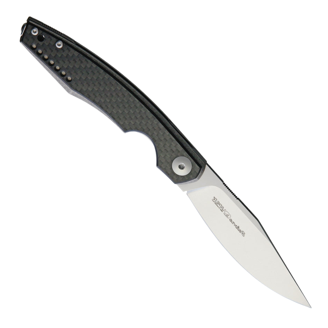 Viper Belone Linerlock CF Titanium, a Pocket Knife with a 3.25 inch satin finish Bohler M390 stainless blade and stonewash finish titanium handle with carbon fiber onlay.