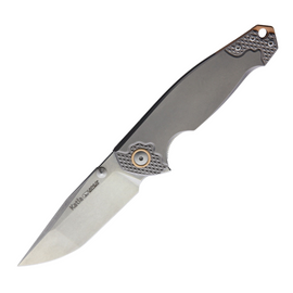 VIPER KATLA Linerlock Pocket Knife. Features a 3.25-Inch Stonewash Finish Bohler M390 Stainless Steel Tanto Blade and Gray Textured Titanium Handle. Designed by Jesper Voxnaes.