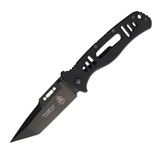 TOPS Thunder Hawk Framelock Tanto, a pocket knife with a 3.75-inch black coated blade and black textured G10 handle.