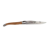 Laguiole en Aubrac folding pocket knife (12cm) with olive wood handle. This traditional French pocket knife features a shepherd's cross design and is perfect for outdoor adventures.