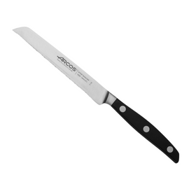 Arcos Natura Tomato Knife (Serrated) 130mm. Featuring a comfortable warm rosewood handle and a serrated NITRUM stainless steel blade, this knife is ideal for clean cuts through tomatoes without damaging the flesh