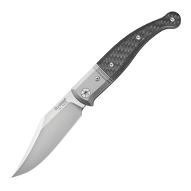 LIONSTEEL GITANO SLIP JOINT CARBON FIBER pocket knife.  This high-quality folding knife features a 3.25" satin finish Niolox tool steel clip point blade, a lightweight carbon fiber handle, and a titanium bolster for added strength.  It also includes a convenient pocket clip for easy carry.  Closed length: 4.25 inches.