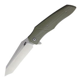 Patriot Bladewerx Ambassador Linerlock pocket knife with a 4 inch satin finish S35VN stainless steel tanto blade and OD green G10 handle