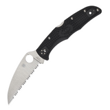 Spyderco Endura 4 Lockback Serrated Pocket Knife. 3.88-inch Serrated VG-10 Stainless Steel Wharncliffe Blade. Black Bi-Directional Textured FRN Handle.