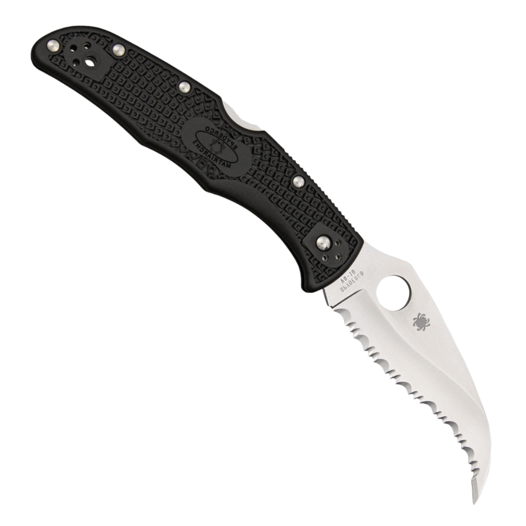 Black handle Spyderco Matriarch 2 lockback pocket knife with serrated blade