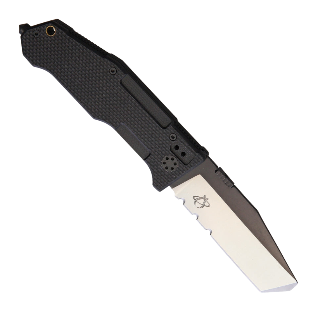 Black G-10 handle MANTIS FOLDING PRY II pocket knife with partially serrated blade