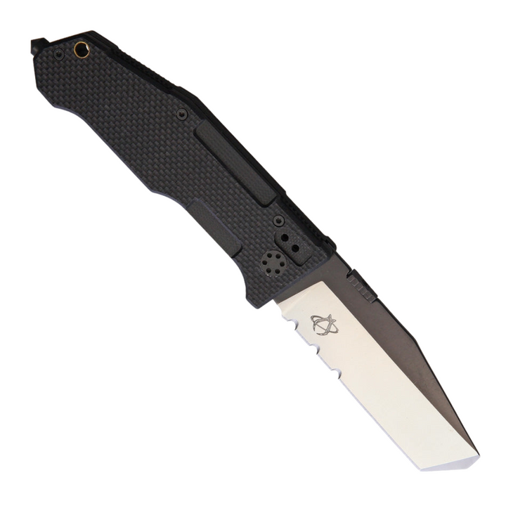 Black G-10 handle MANTIS FOLDING PRY II pocket knife with partially serrated blade