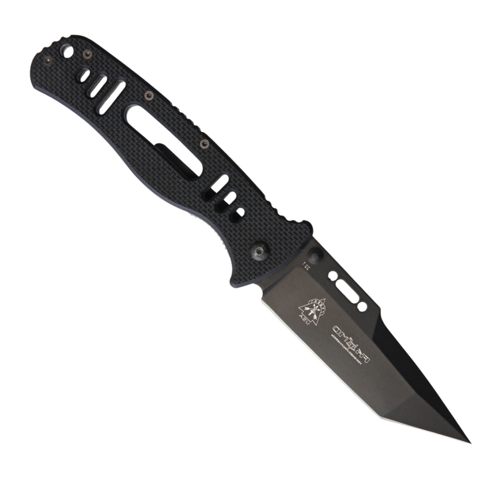 TOPS Thunder Hawk Framelock Tanto, a pocket knife with a 3.75-inch black coated blade and black textured G10 handle.