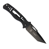 TOPS Thunder Hawk Framelock Tanto, a pocket knife with a 3.75-inch black coated blade and black textured G10 handle.