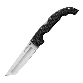 Cold Steel XL Voyager Lockback, a large black handle pocket knife with a 5.5 inch stonewash finish AUS-10A stainless steel tanto blade.