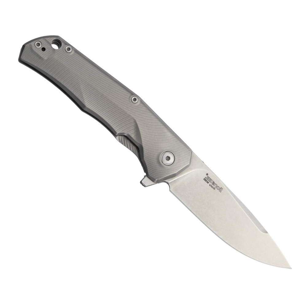 LionSteel TRE Titanium Framelock Pocket Knife with a 2.88-inch stonewash finish Bohler M390 stainless steel blade and gray 6Al-4V titanium handle.