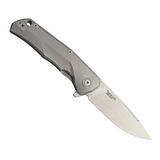 LionSteel TRE Titanium Framelock Pocket Knife with a 2.88-inch stonewash finish Bohler M390 stainless steel blade and gray 6Al-4V titanium handle.